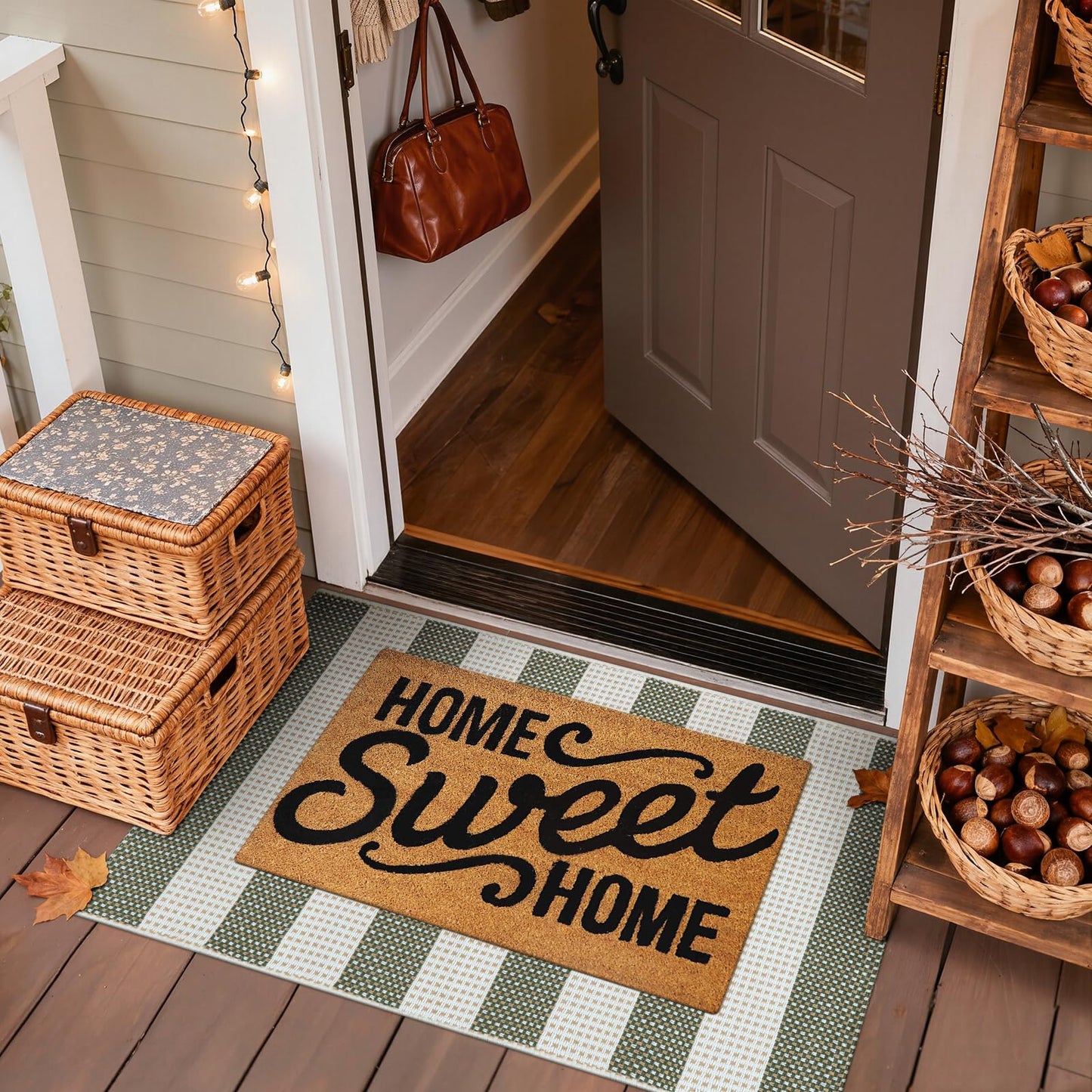 Sungea Green and White Striped Rug-2x3 Front Door Mat Outdoor,Washable Reversible Porch Rug Cotton Hand-Woven Spring Doormat, Foldable Layered Door Mats for Entryway/Farmhouse