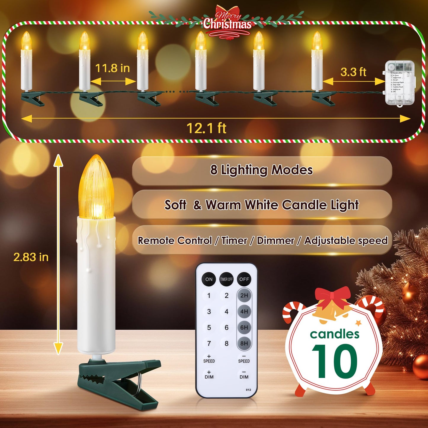 ElectricWise Christmas Tree Clip on Flameless LED Candle String Lights, White Candle with Clips & Remote Control & 8 Modes & Timer, Battery Operated, for Wedding & Holiday Decoration(10 Lights)