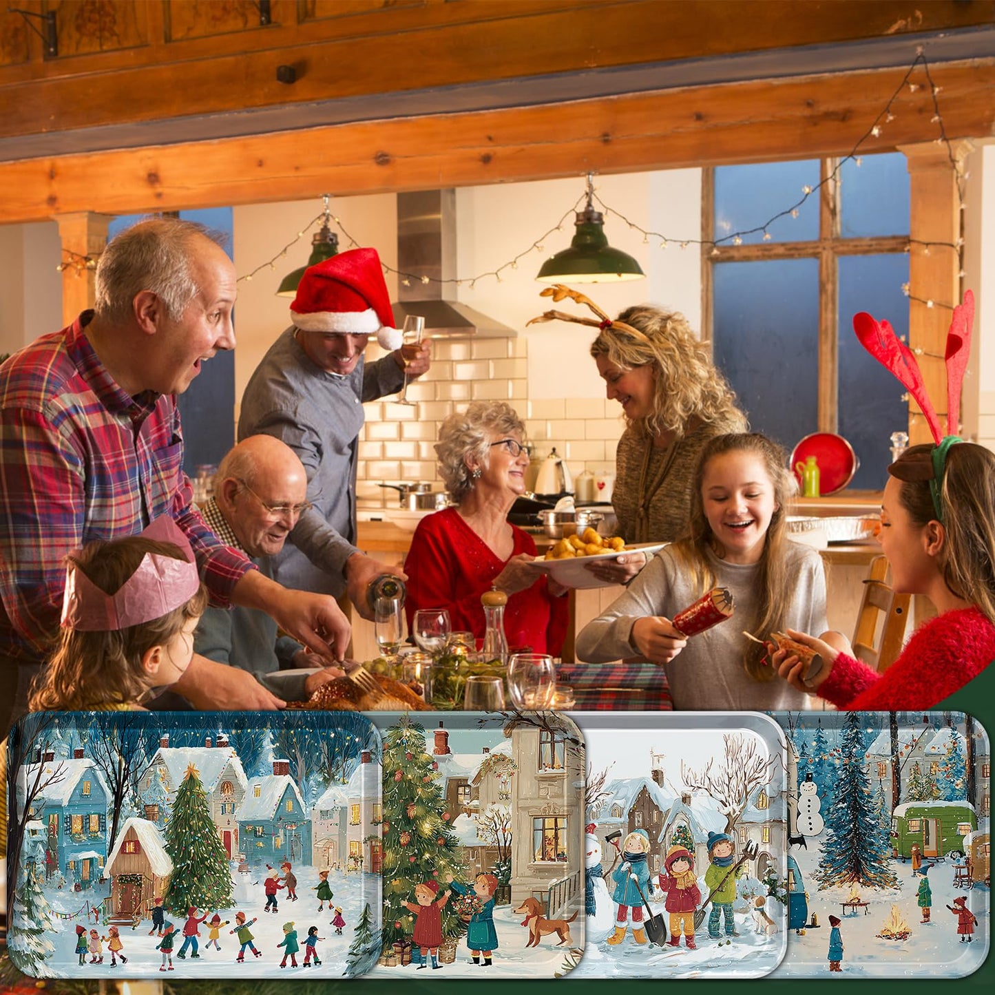 Jrusmr 4 Pack Christmas Serving Trays, 15 x 11 Inch Melamine Holiday Platters with Winter Village, Ice Skating, and Camping Designs, Reusable Festive Trays for Snacks, Cookies, and Entertaining