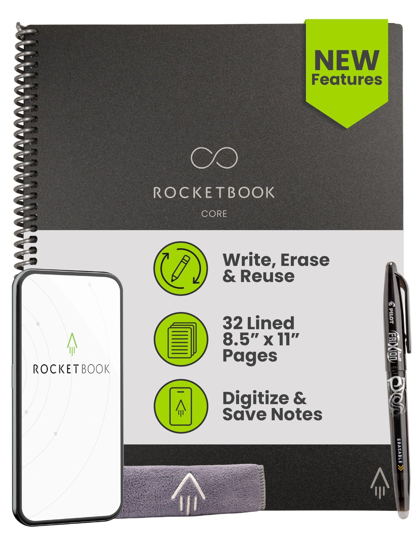 Rocketbook New Core Reusable Spiral Notebook, Letter Size 8.5x11, Black - Lined Pages, App-Connected, Erasable, Durable Cover, Ideal for School, Work, and Creative Projects