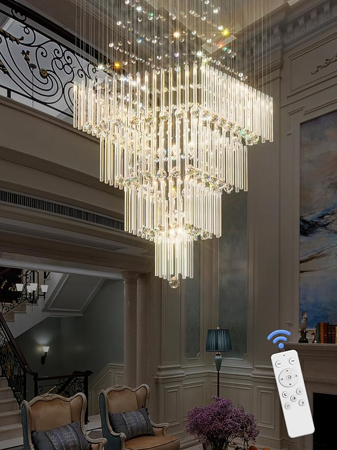 Flashing God D32''X H79'' Extra Large Chandeliers for High Ceilings Square Crystal Raindrop Gold Chandeliers Large Villa Chandelier Entrance Foyer Ceiling Light LED Dimmable 2700K-6000K