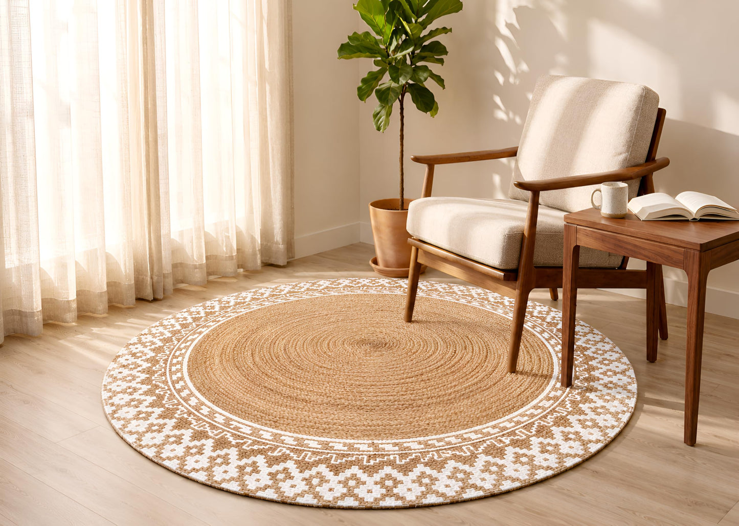 4 Ft Round Jute Rug – Handwoven Natural Fiber Area Rug with White Border, Boho Braided Rug for Living Room, Dining Table, Entryway & Bedroom, Durable & Eco-Friendly Carpet