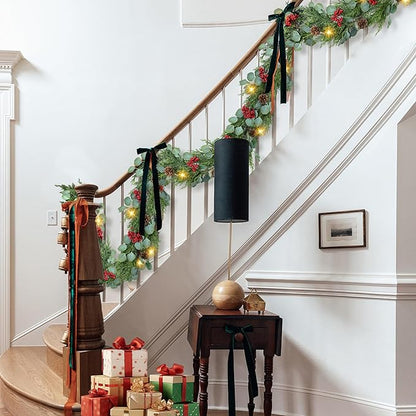 6FT Christmas Garland with Lights Artificial Pine Cypress Eucalyptus Garland with Red Berries Christmas Tips Cedar Garlands,Christmas Decorations Holiday Indoor Outdoor Winter Garland