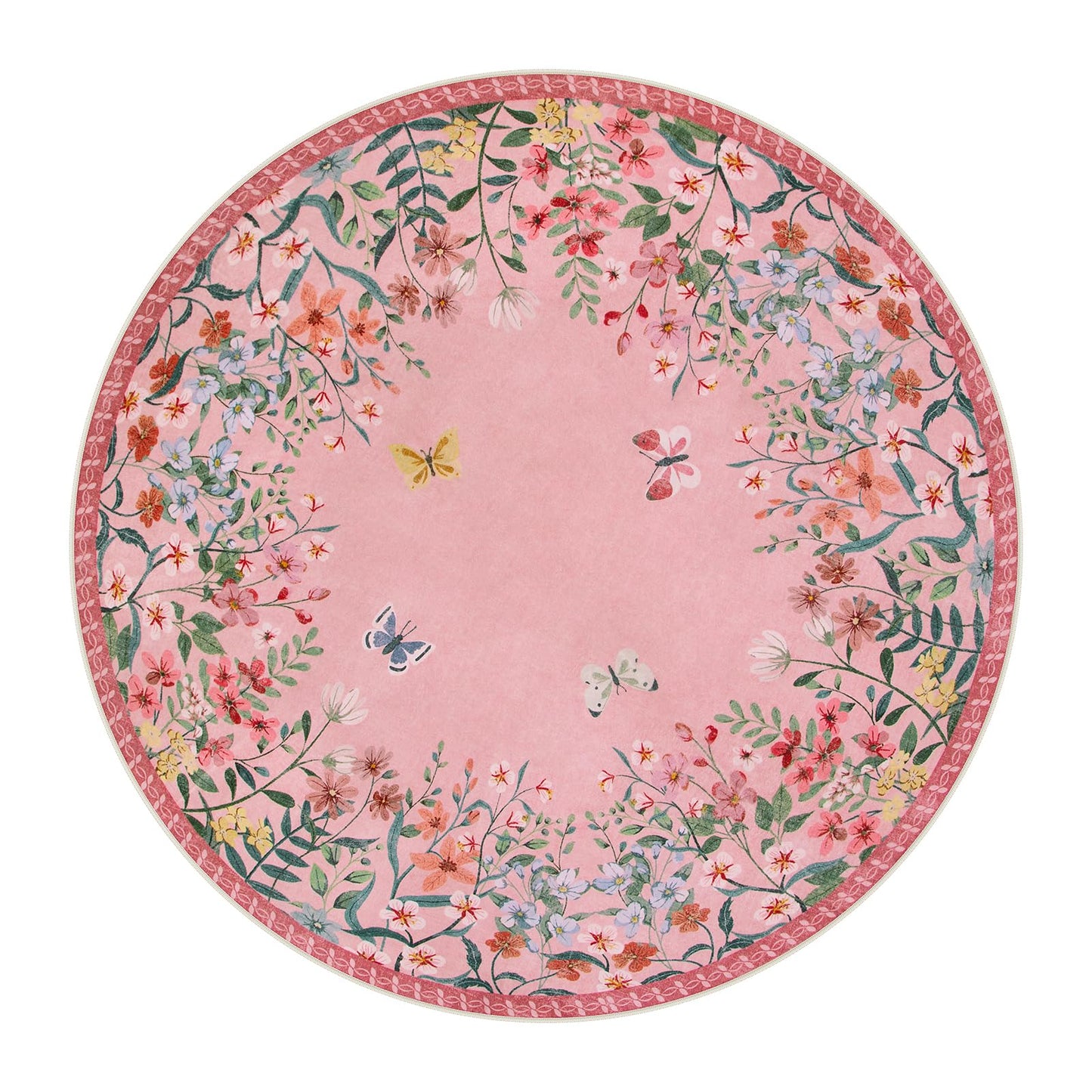 Wonnitar 5ft Round Washable Area Rug, Pink Floral Nursery Rug, Low Pile Soft Circle Rug for Kids Playroom, Boho Flower Accent Carpet, Girls Room Vanity Decor (5ft Round Pink)