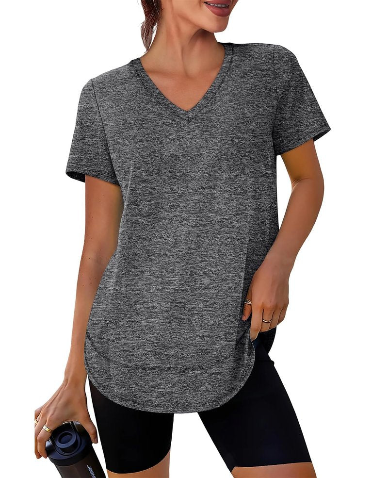 Short Sleeve Shirts for Women Workout Pilates Outfits Tennis Summer Tops 2026 Beach Vacation Clothes V Neck Dark Grey M
