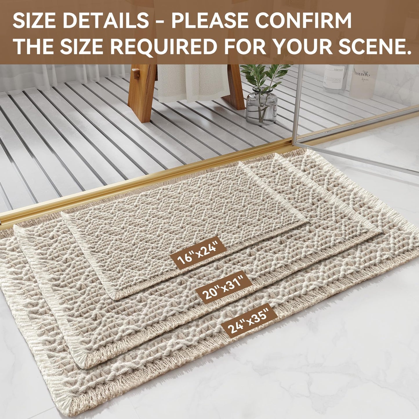 QiCaiJia Waffle Bath Mat, Boho Bathroom Rugs Extra Soft and Absorbent Non Slip Washable Bath Rug, Rubber Backed Bathroom Floor Mat Outside Shower Mat, 17x24