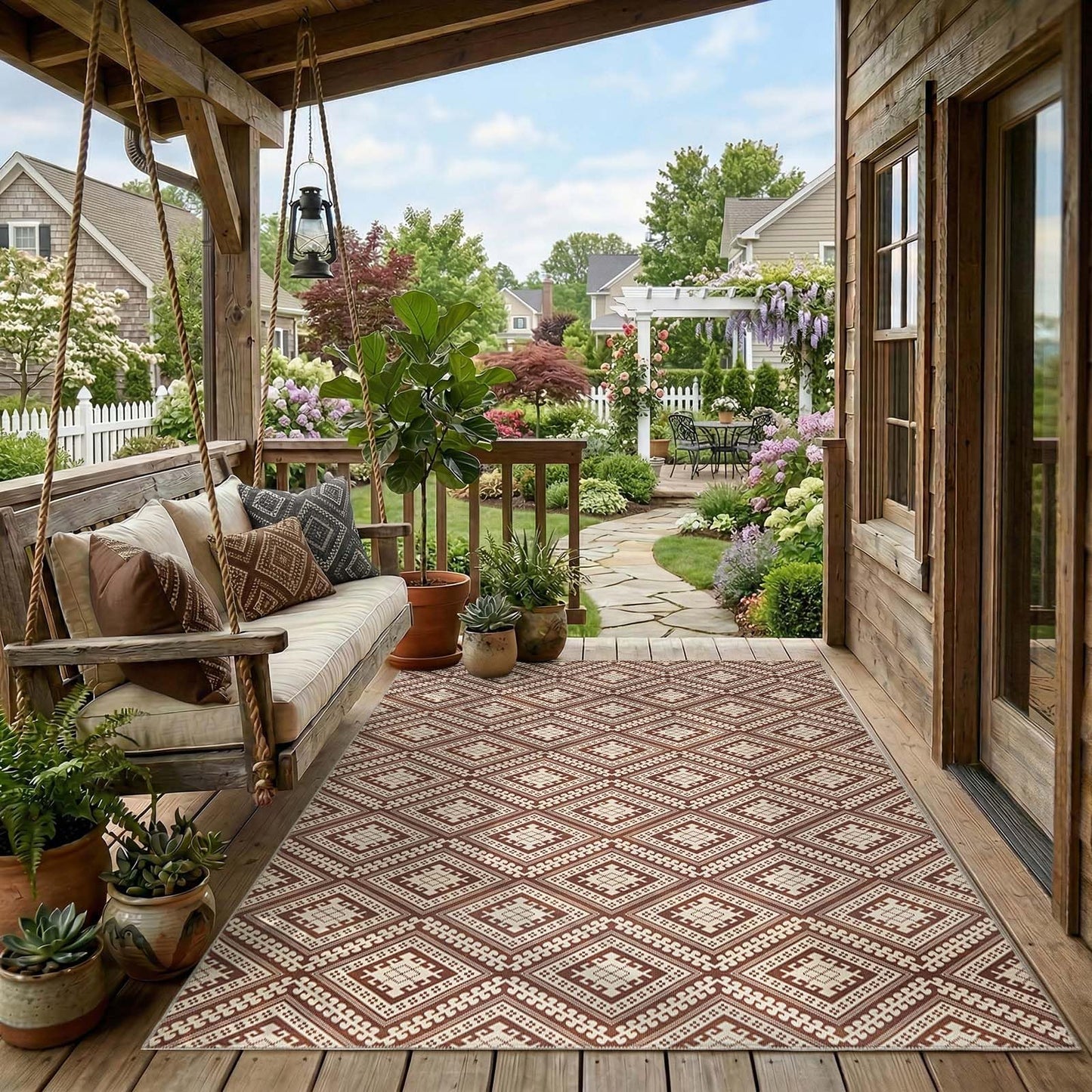 jinchan 5x7 Washable Faux Jute Area Rug, Geometric Diamond Natural Fiber Look Carpet, Vintage Tile-Inspired Low-Pile Non-Slip Large Outdoor Rug for Living Room Dining Room Bedroom, Terracotta Brown
