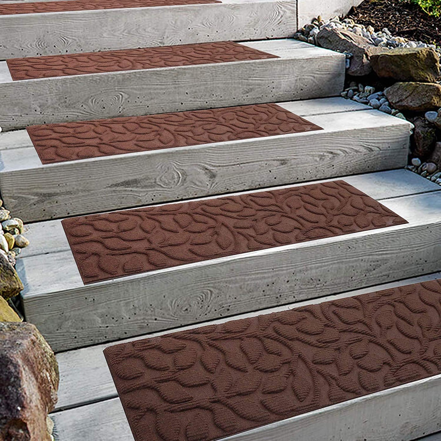 Aucuda Brown Stair Treads Outdoor for Dogs on Wooden Steps 6pcs 8.5" x 30", Non Slip Stair Runner Rug Heat Insulation Rubber Backing, Floral Staircase Mat Carpet for Indoor Grip Farmhouse.