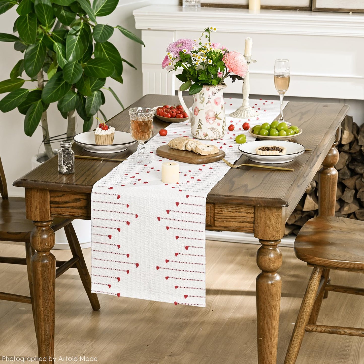Artoid Mode Red Boho Table Runner for Farmhouse Rustic，Seasonal Holiday Macrame Burlap Kitchen Dining Table Decoration for Home Party Decor 12x72 Inch