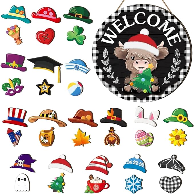 35 Pcs Christmas Interchangeable Highland Cow Welcome Sign Highland Cow Seasonal Wooden Hanging Door Decor Thanksgiving Farmhouse Hanging Sign for Front Door Xmas Party Decoration Gift