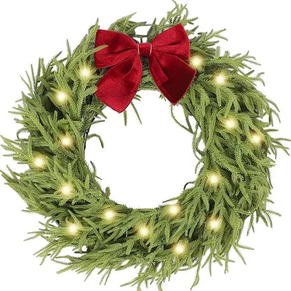 30 Inch Christmas Wreaths for Front Door with Lights,Lighted Norfolk Pine Door Wreath,Prelit Real Touch Artificial Green Winter Wreath with Large Burgundy Velvet Bow for Indoor Outdoor Decor