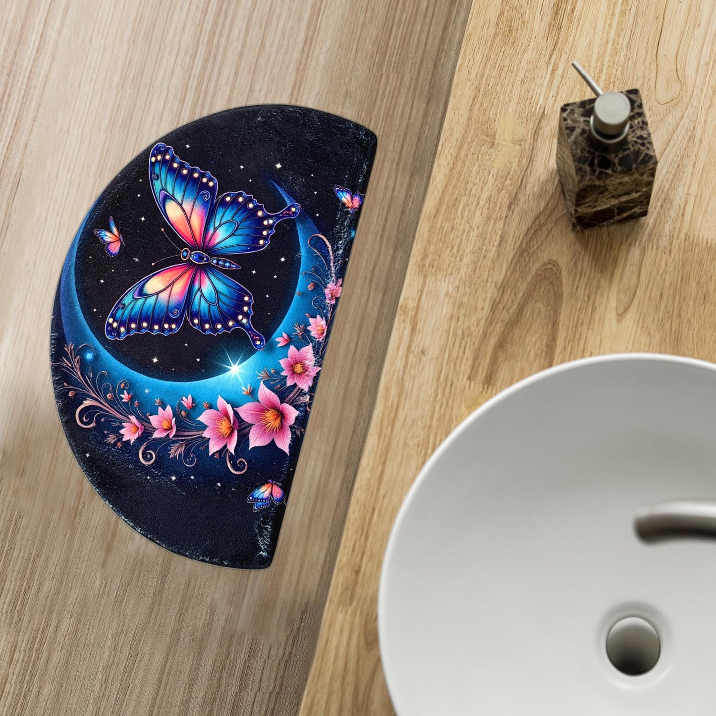 Boho Half Round Butterfly BathMat Doormat Outdoor Rug Non-Slip Bath Rugs Semi Circle Flower Bathroom Door Mat Cool Welcome Mats Decor Floral Style Mats (Moon)