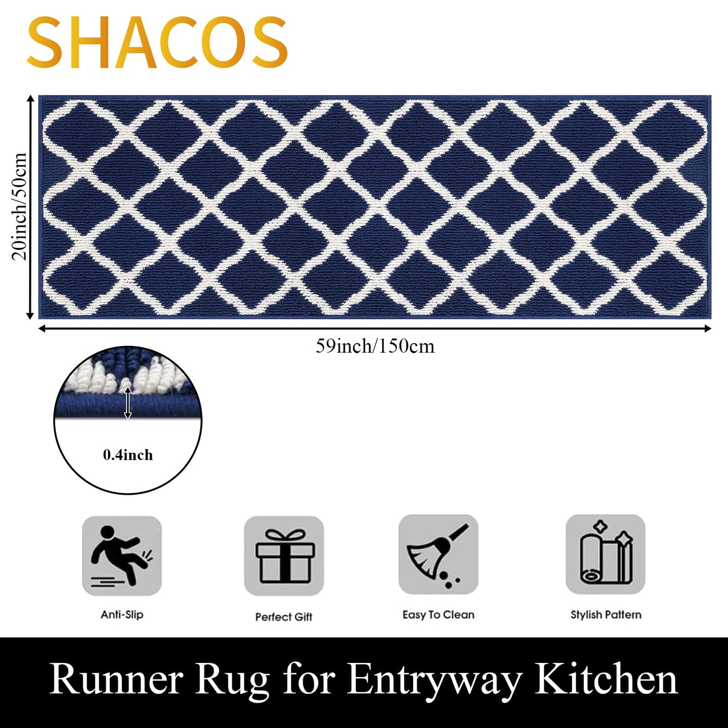 SHACOS Runner Rugs 20"x59" for Entryway Kitchen Hallway Indoor Washable Rug Runner Non Slip Rubber Backing Dirt Trapping Doorway Entrance Runner Rug, Navy Blue