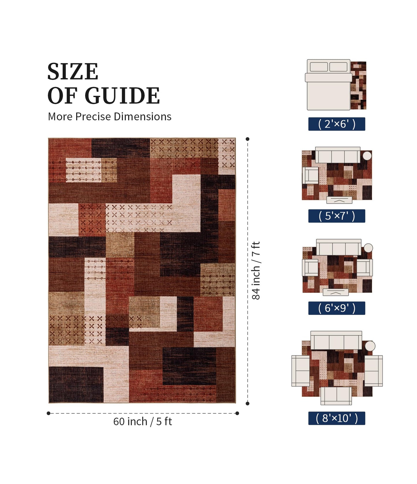YIHOUSE Brown Modern 5x7 Area Rugs for Living Room, Washable Geometric Patchwork Rug for Bedroom Playroom Non Slip Low Pile, Southwestern Rustic Throw Carpet for Entryway Home Office