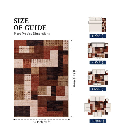 YIHOUSE Brown Modern 5x7 Area Rugs for Living Room, Washable Geometric Patchwork Rug for Bedroom Playroom Non Slip Low Pile, Southwestern Rustic Throw Carpet for Entryway Home Office