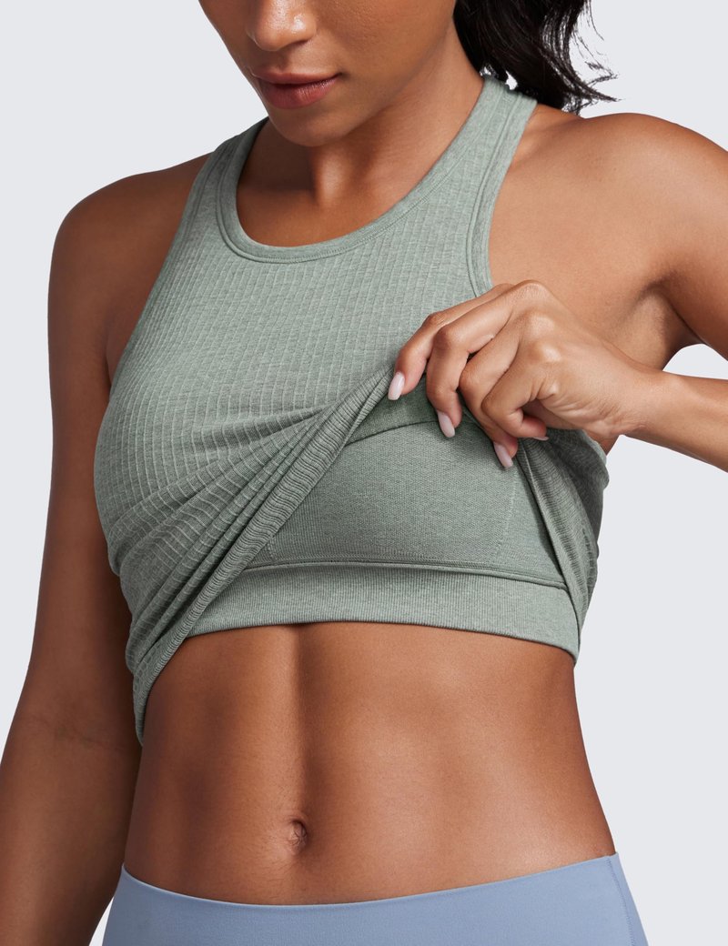 CRZ YOGA Seamless Ribbed High Neck Crop Tank Tops for Women - Longline Racerback Padded Sports Bras Dark Green Heather Medium