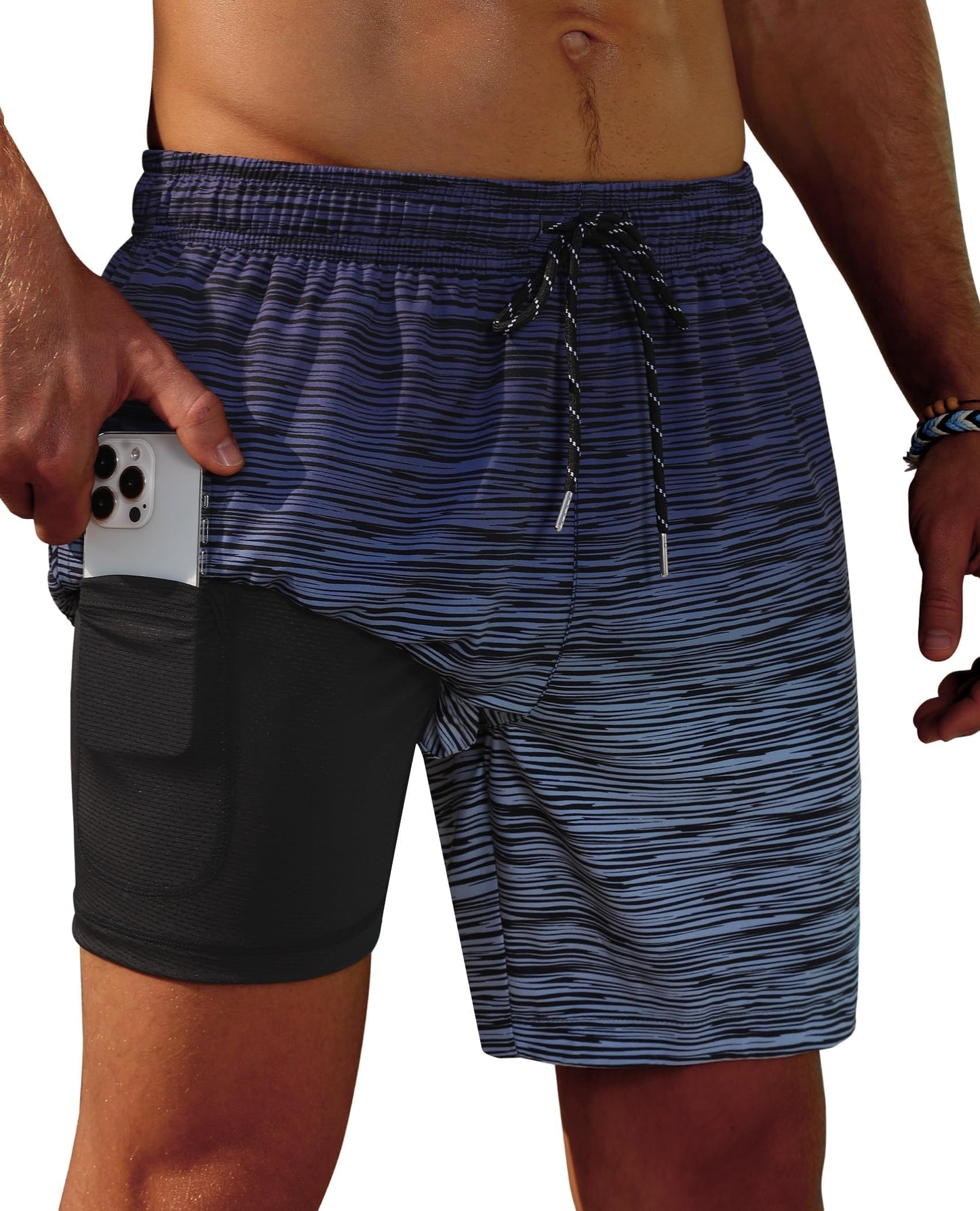 Gleeease Mens Swim Trunks with Compression Liner Mens Bathing Suit 7 inch with Compression Liner Pockets Drawstring 2 in 1 Quick Dry Stretch Lined Funny Beach Swimming Black Blue Large