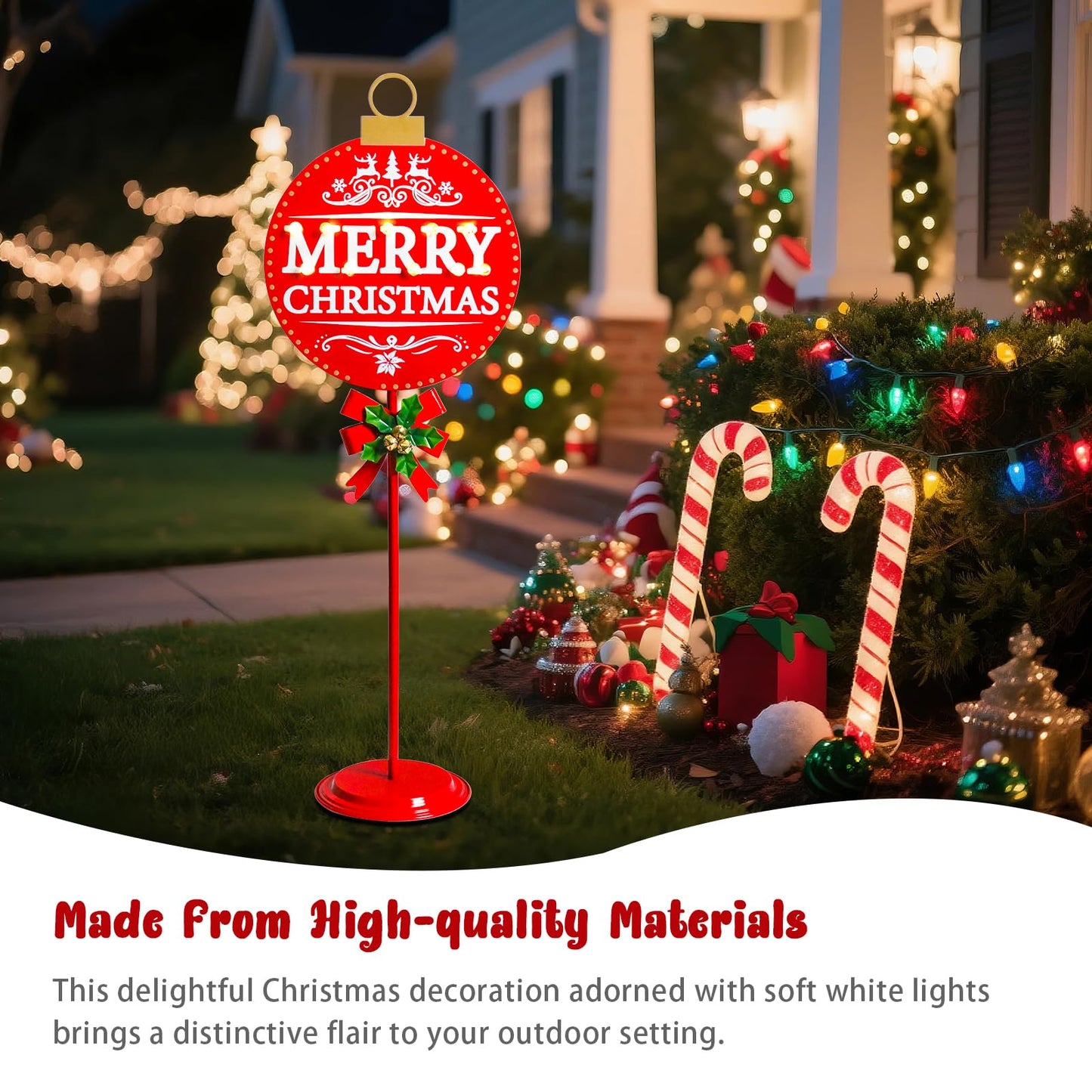 Vigdur Merry Christmas Sign - 34" Lighted Metal Holiday Ball Decoration Battery Operated with Timer, Christmas Yard Decorations for Indoor Outdoor Yard Lawn Party Holiday Décor