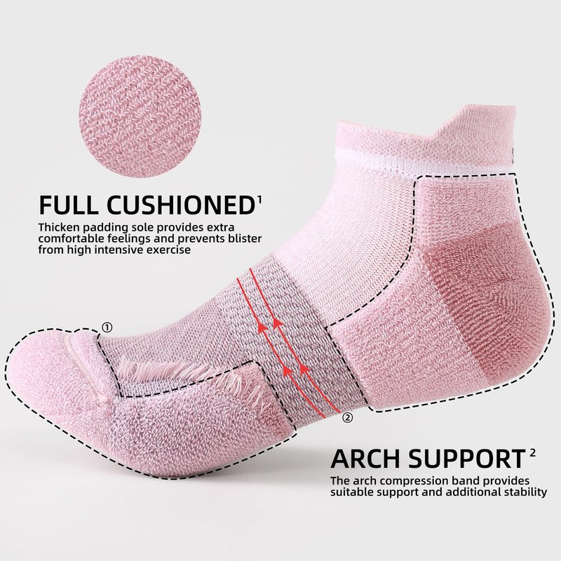 FITRELL 5 Pairs Ankle Running Socks for Women Athletic Cushioned Low Cut Tab Sports Socks, Rococo, Medium