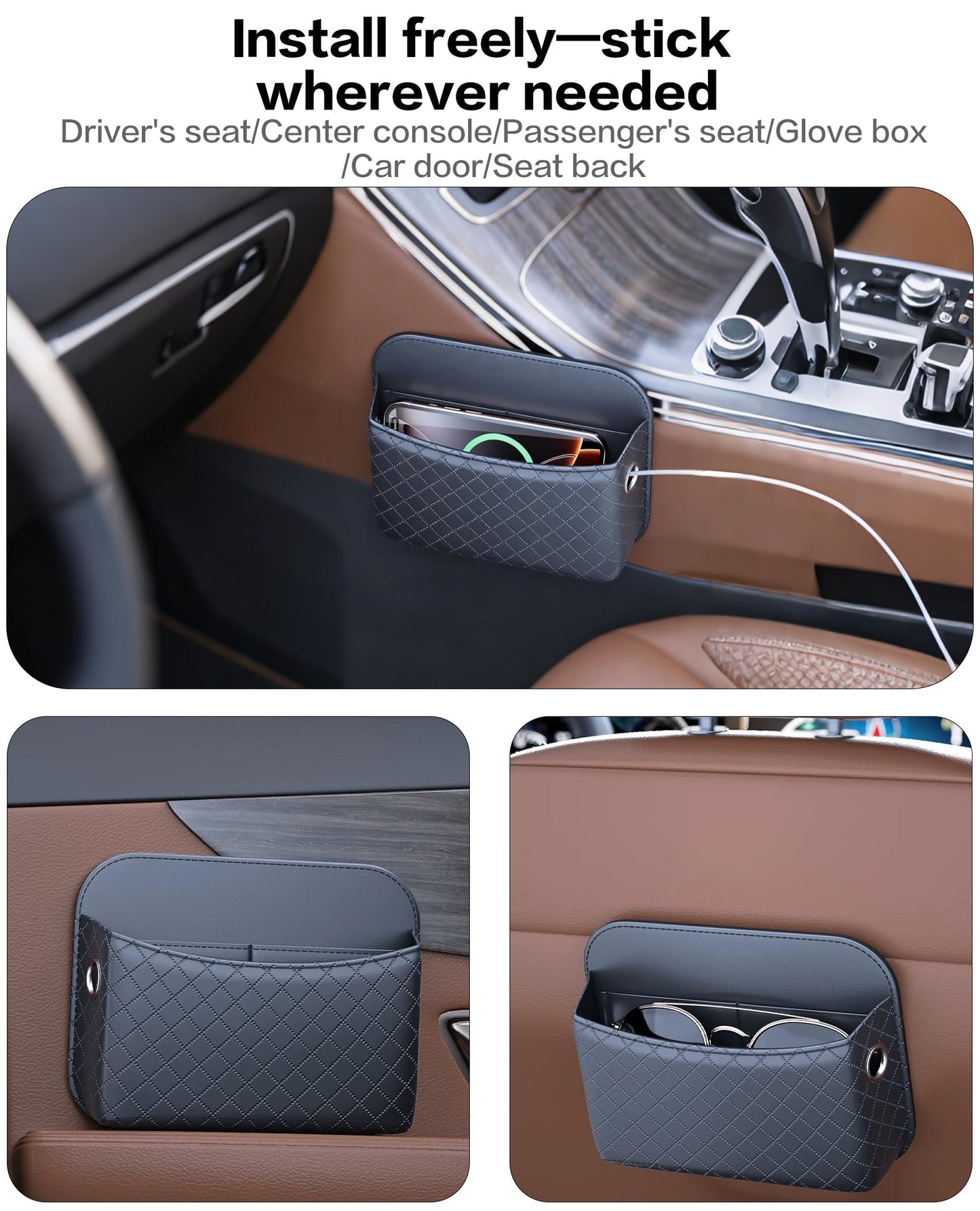 SportySizz Self-Adhesive Car Seat Side Pocket Organizer with Cable Port - Black PU Leather Storage Pouch for Phone & Keys, Fits Gaps, Console & Door (2 PCS)