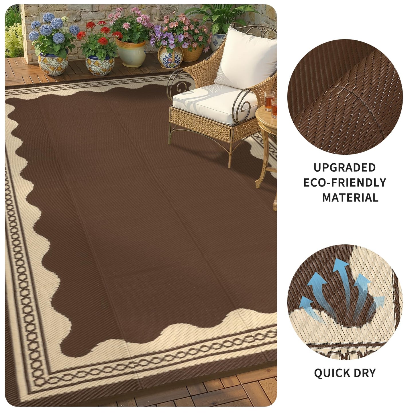 Garvee Outdoor Rug 8x10 Scalloped Waterproof Patio RV Outdoor Rugs Reversible Foldable Plastic Straw Rug Modern Camping Carpet for Deck Camper Porch Balcony Backyard Picnic Beach Brown