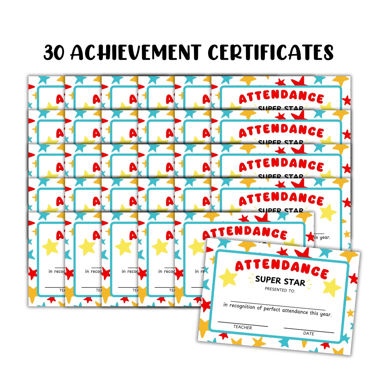 Certificate of Perfect Attendance 30pk 6x9” Cardstock Student End of Year Awards from Teachers Star Background School Attend Never Missed a Day