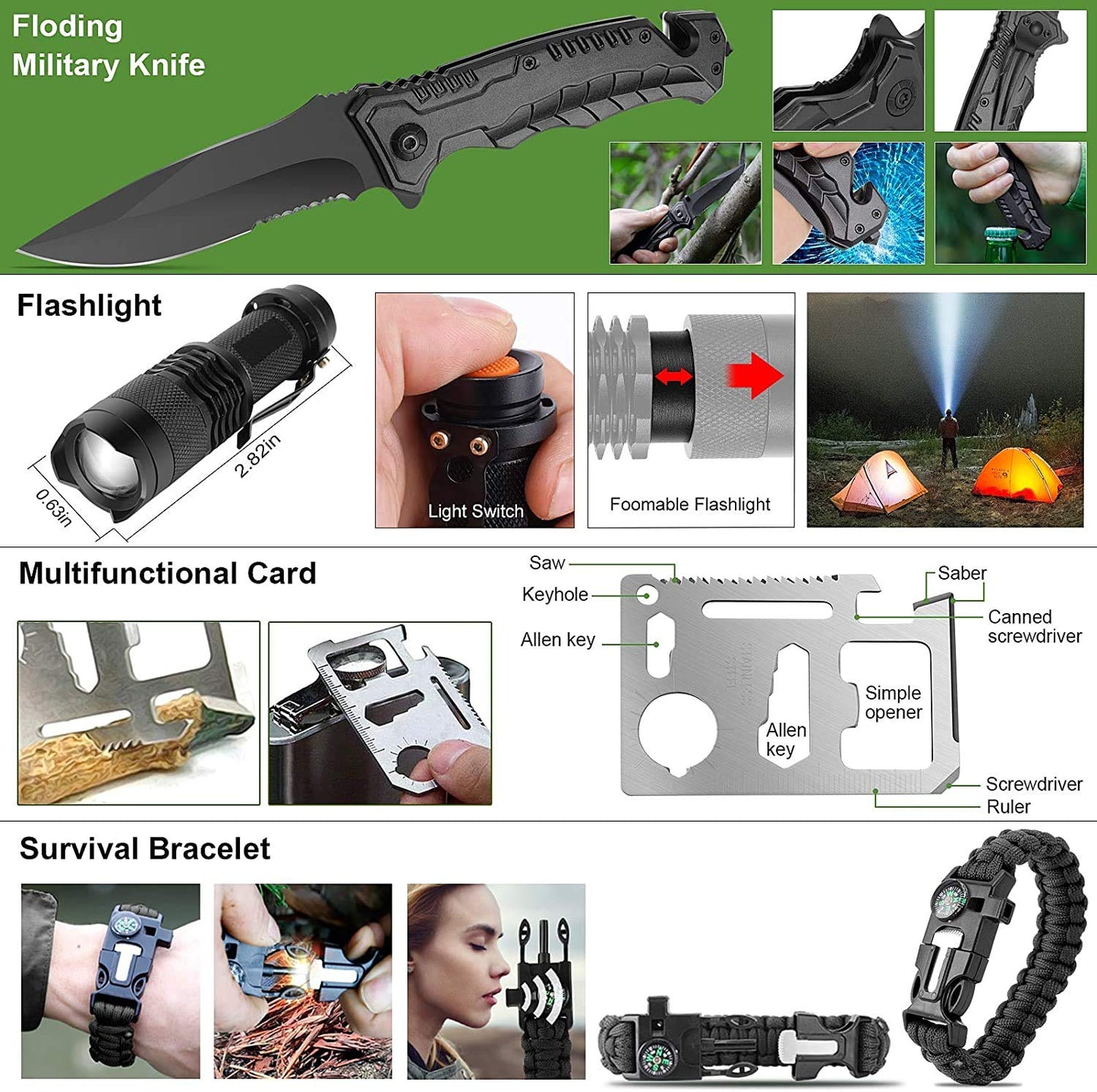 216 Pcs Survival First Aid kit, Professional Survival Gear Equipment Tools First Aid Supplies for SOS Emergency Hiking Hunting Disaster Camping Adventures (Green)