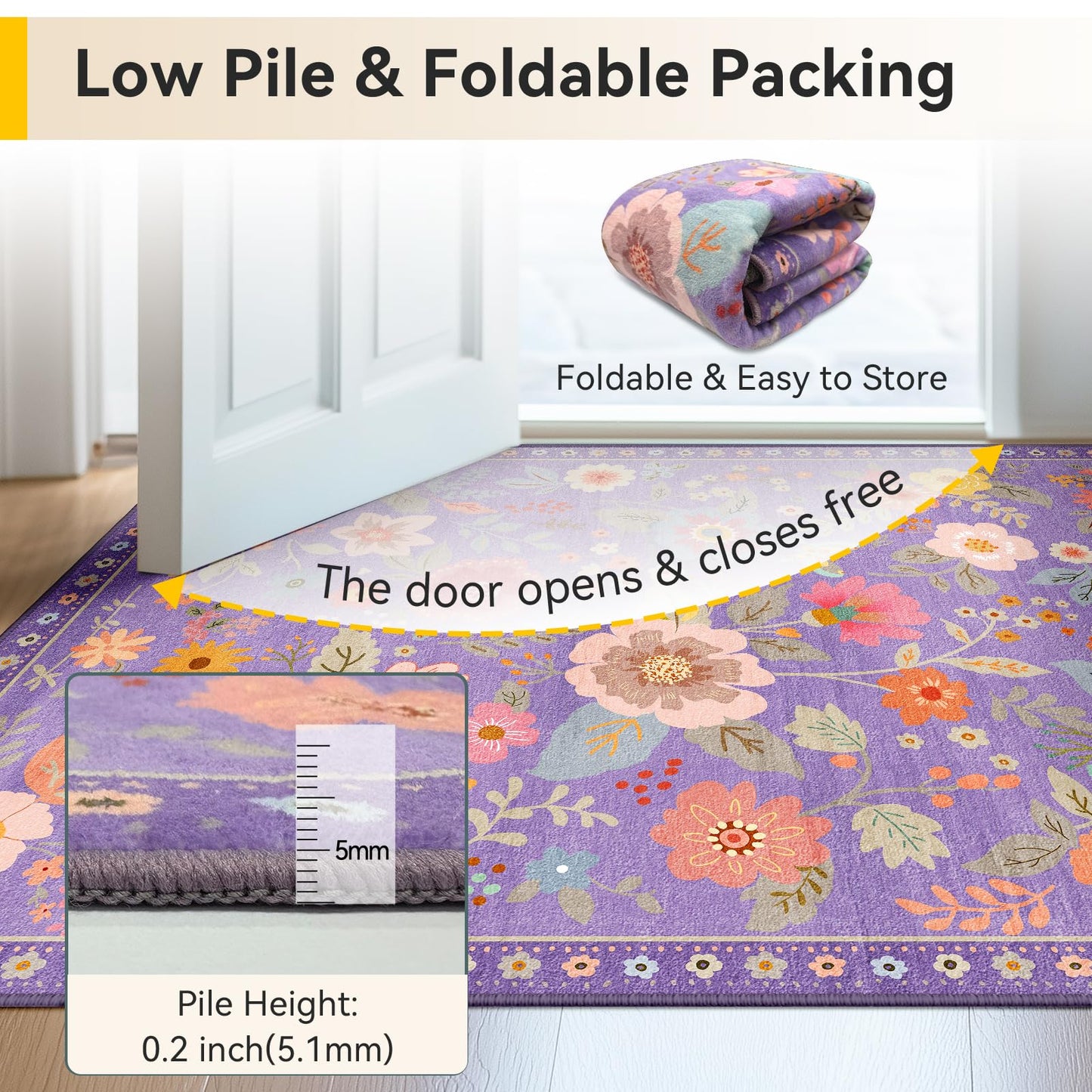 RELEANY Floral 5x7 Area Rugs Washable Print Boho Cute Carpet Non Slip Flower Low Pile for Living Room Bedroom Kitchen Office Farmhouse-Purple/Pink/Multi
