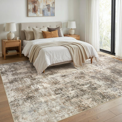 WITSHOCK Area Rugs 10x14 Living Room Rug - Washable Neutral Soft Low Pile Non-Slip Modern Abstract Thin Large Indoor Carpet for Bedroom Dining Room Nursery Office - Dark Brown
