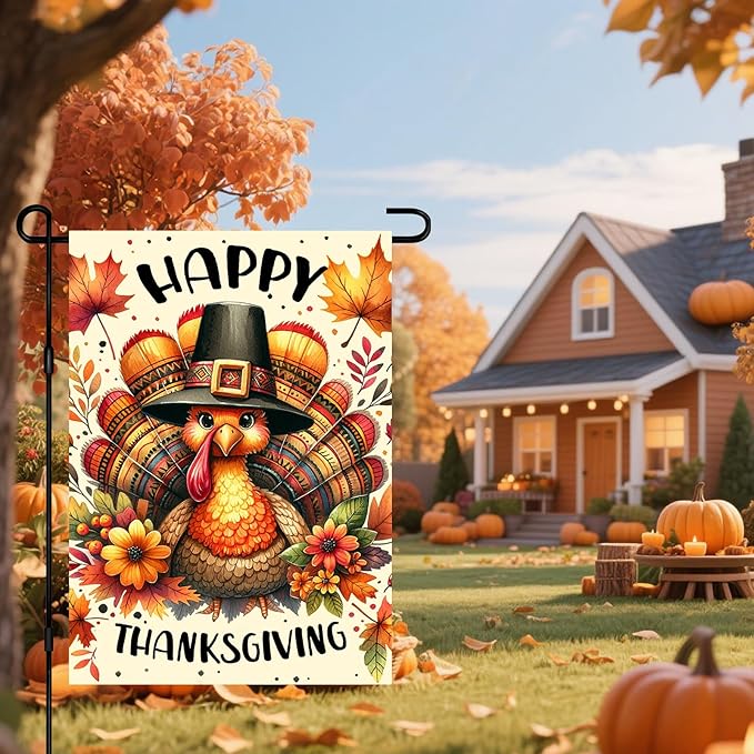 Thanksgiving Garden Flag 12x18 Inch Double Sided Turkey Flags Happy Fall Pumpkin Leaves Acorn Small Yard Flag Autumn Harvest Decoration for Outdoor Porch Lawn Holiday Seasonal Display