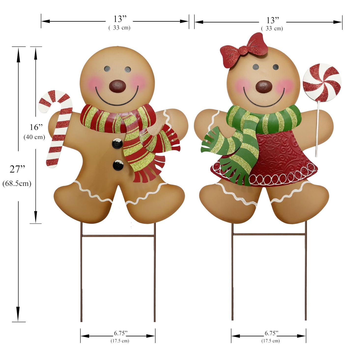 ABELOTS Outdoor Christmas Decorations,27" H Large Gingerbread Boy and Girl Metal Yard Stakes,Set of 2, Rustic Winter Signs for Lawn Garden,Patio, Pathway & Front Yard,Farmhouse Porch Outside