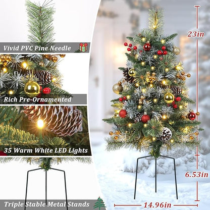 Set of 2 Outdoor Pathway Christmas Trees with Lights, Frosted Twinkle Small Easy Christmas Tree for Driveway, Entrance, Urn & Pot Filler, Front Porch, Yard, Garden Outside Holiday Decoration