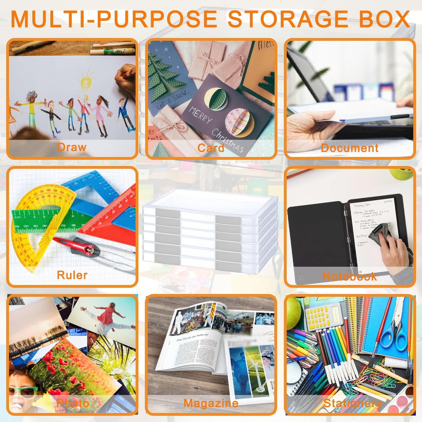 LonlyEagle 6 Pcs Clear A4 File Portable Project Case, Plastic Storage Box for 8.5" x 11" Letter Paper, Scrapbook Paper Storage Boxes Documents Magazines Holder