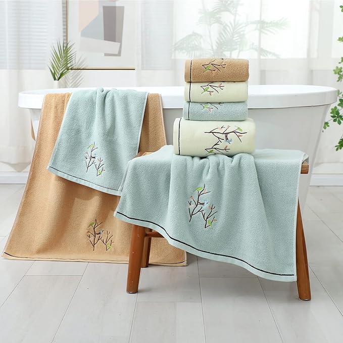 Pidada Hand Towels Set of 2 Embroidered Bird Tree Pattern 100% Cotton Absorbent