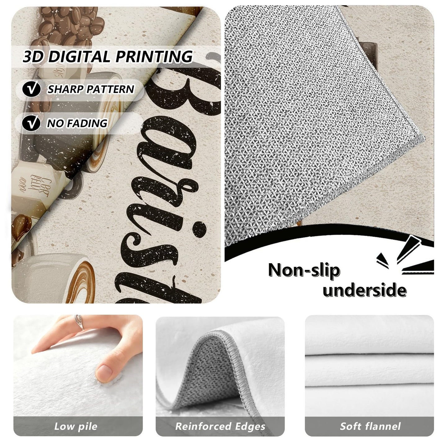 Barista Coffee Runner Rug for Hallway 3x10 Coffee Cup Kitchen Rugs Non Slip Washable, Farmhouse Cafe Latte Mocha Art Decor Carpet, Soft Low Pile Runner Rug for Entryway Laundry Living Room Bedroom