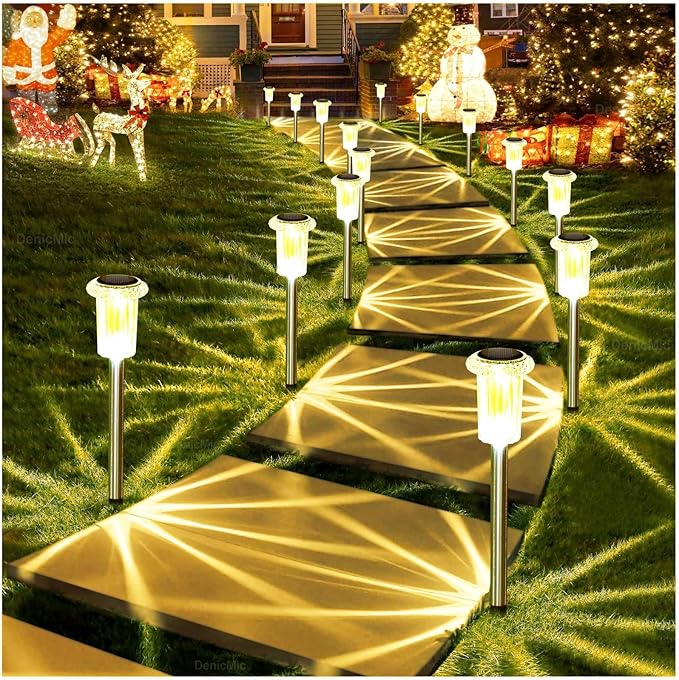 DenicMic Solar Lights Outdoor 10 Pack Waterproof 3000K Warm White LED Acrylic lamp Head Stainless Steel Stake for Landscape Lighting Path Walkway Sidewalk Backyard Patio Christmas Decor