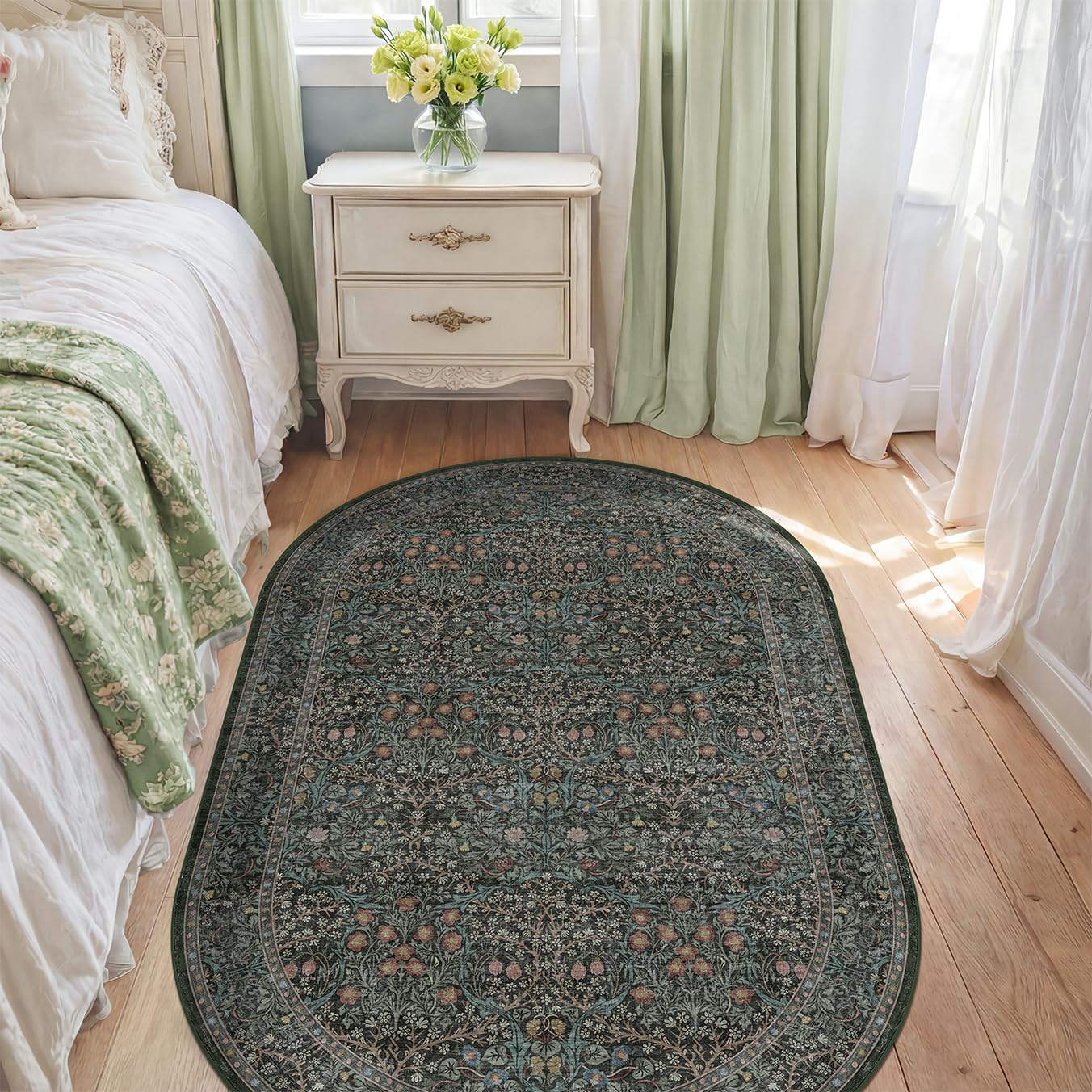 Washable 3x5 Oval Entryway Rugs, Small Oval Area Rugs for Bathroom, Kitchen, Bedroom, Reading Corner, Laundry Room, Mudroom, Non-Slip Stain Resistant Low Pile Throw Rug Indoor Door Mat (Dark Green)