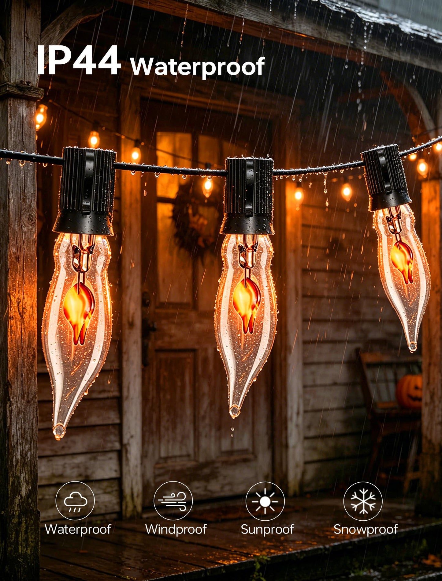 Hobbynors 50Ft Extra-Long Fall & Halloween String Lights,25 C18 Flicker Flame Bulbs for Outdoor Decor,Waterproof & Connectable for Christmas, Thanksgiving & Festive Party Ambiance