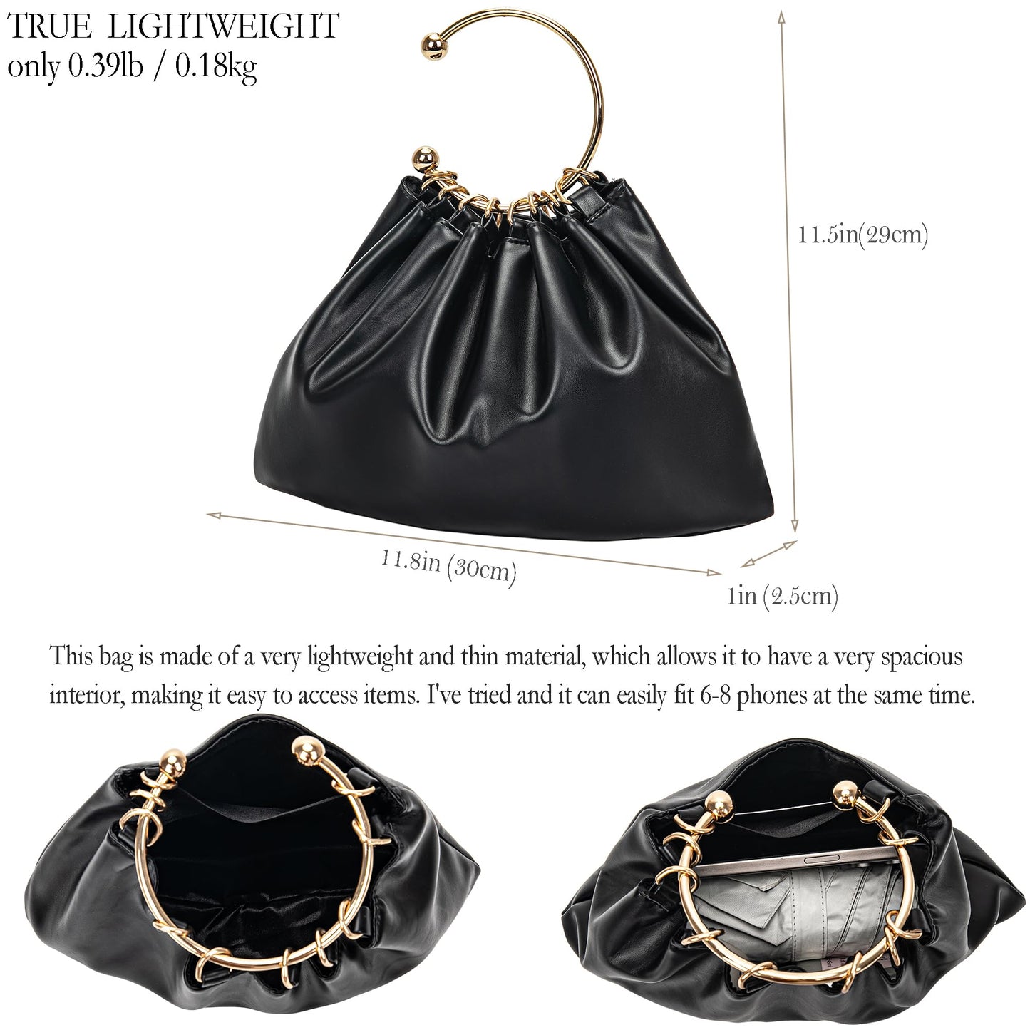 Elegant Evening Bag Clutch Purses for Women Lightweight Soft Pleated PU Top Handle Handbags for Party Prom Cocktail Wedding(black)