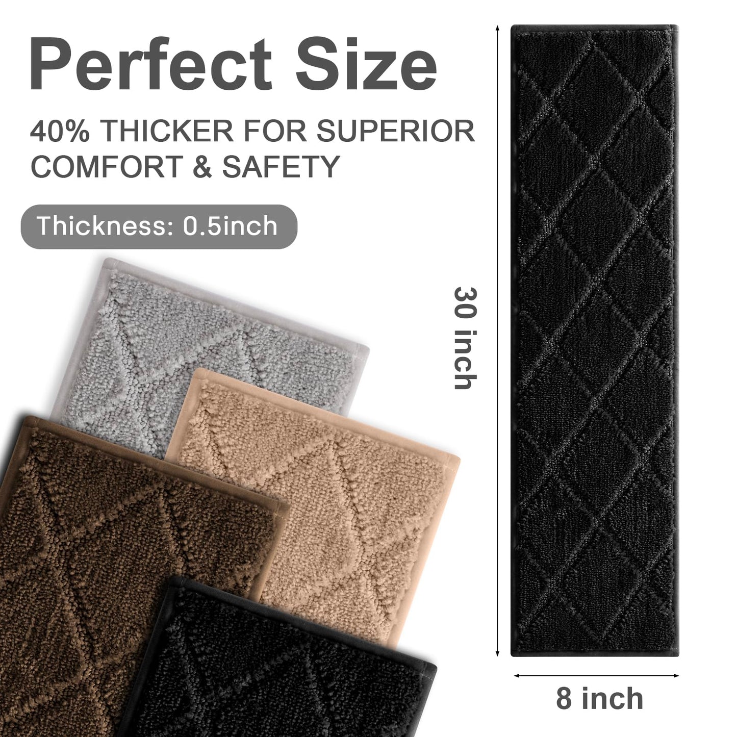 CELION Edged Non-Slip Stair Treads for Wooden Steps (30x8 Inches), 13mm Thick Tufted Carpet Mats, Indoor Stair Runners for Pets & Kids, 100% Polyester TPR Backing – No Residue (Black, 12pc)