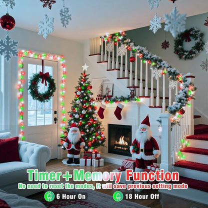 200 LED Christmas Lights Outdoor Indoor 66FT String Lights Indoor Clear Wire 8 Modes Plug in Twinkle Fairy Lights for Bedroom Christmas Tree Party Decorations, Red White&Green