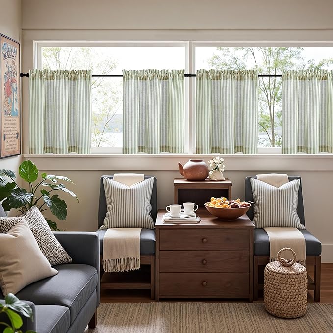 jinchan Striped Linen Kitchen Curtains 24 Inches Length Tier Curtains Farmhouse Modern Cafe Style Small Window Treatments Airy Light Filtering Rod Pocket for Living Room Bathroom 2 Panels Sage Green
