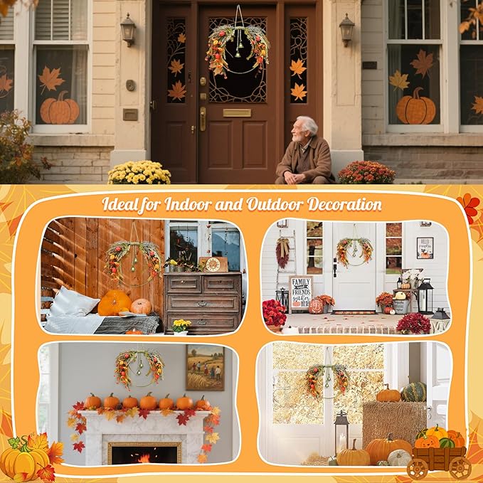 Fall Leaves Wreaths for Front Door Outside Fall Wreath with Colorful Mixed Leaves, Autumn Eucalyptus Artificial Wreath for Thanksgiving Front Door Window Home Wall Farmhouse Outdoor Indoor Décor