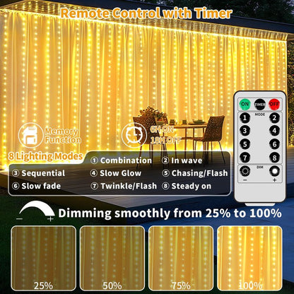 Curtain Lights Battery Operated 10 * 10Ft 300LED Waterfall Light with 8 Modes Remote Dimmable Timer Memory Waterproof Twinkle Fairy String Lights for Indoor Outdoor Backdrop Bedroom Pergola Christmas