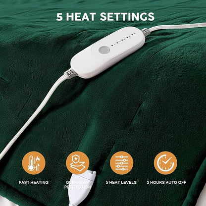 HYLEORY Heated Electric Blanket Full 72"x84" Soft Fleece & Flannel with 5 Heating Levels & 10 Hours Timer Auto Shutt Off, ETL Certified, Washable，Heated Blanket for Body-Dark Green