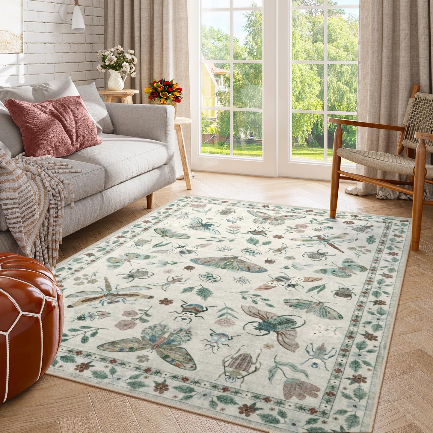 Lahome Insect Print Washable Area Rugs 5x7, Soft Rugs for Living Room Ultra-Thin Non-Shedding Modern Bedroom Rug, Throw Rug Large Carpet for Dining Room Nursery Vionnet(5'x7',Beige)