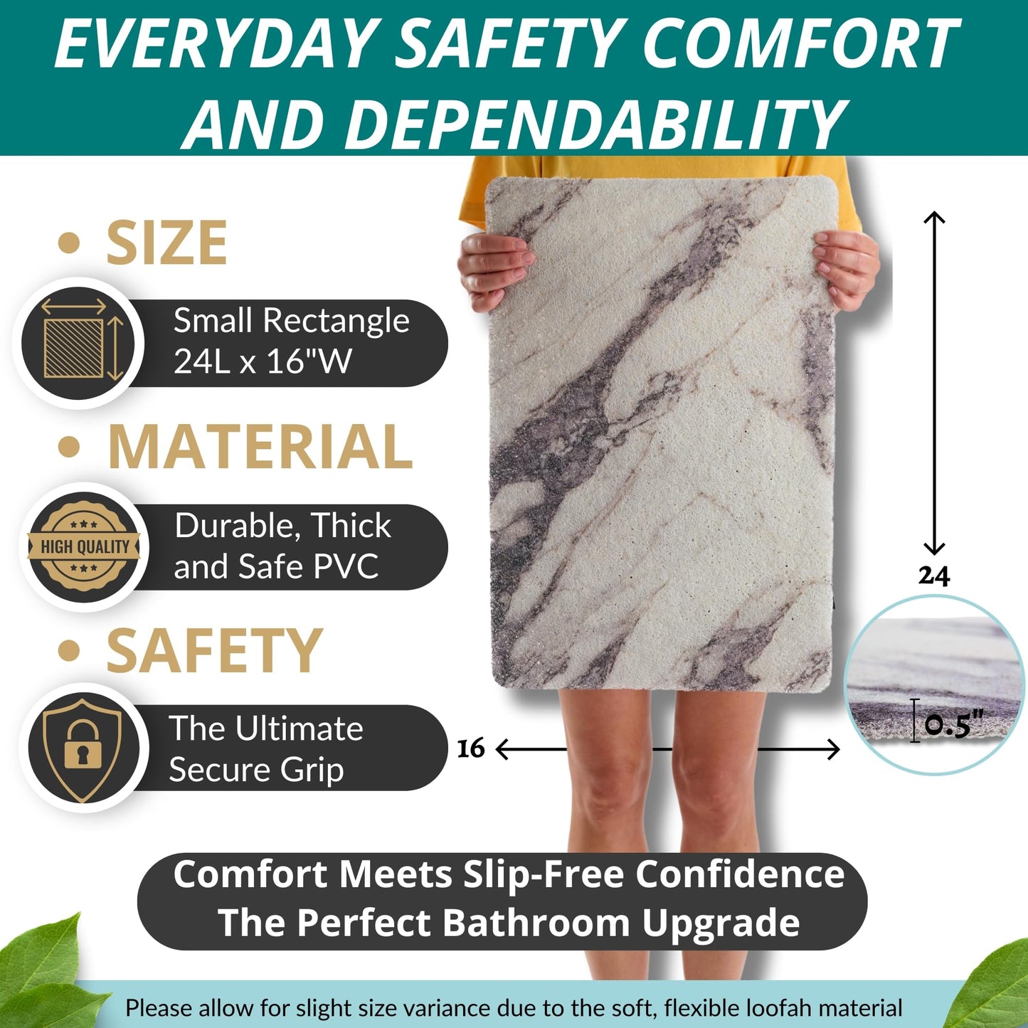 ENKOSI Loofah Non-Slip Shower and Bath Mat - Soft Cushioned Comfort - No Suction Cups for Smooth or Textured Tubs - Fast Draining - Safety for Bathroom, Family, and Elderly (24x16 Marble Grey)