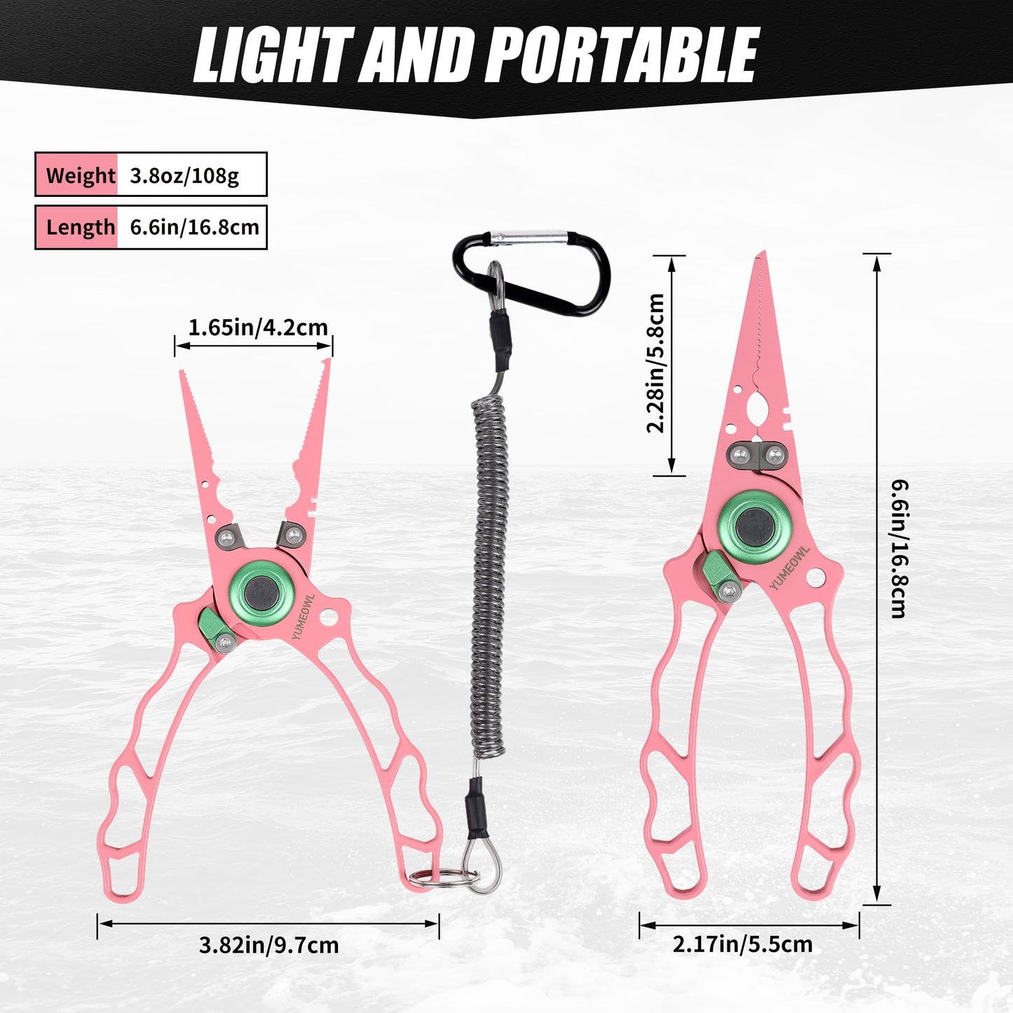 YUMEOWL Lockable Fishing Pliers & Hook Removers with Tungsten Steel Cutters, Non-Stick Coating, Ergonomic Handle and Lost Rope,Sheath - Lightweight, Multi-Function Fishing Gear, Pink 6.6" 3.8 oz