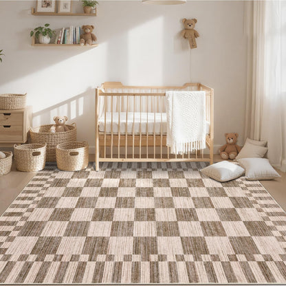 GarveeHome 8×10 Area Rugs for Living Room,Modern Brown Checkered Rug,Geometric Tan Brown Print Non-Slip Washable Farmhouse Checkerboard Rugs for Bedroom Dining Room Office