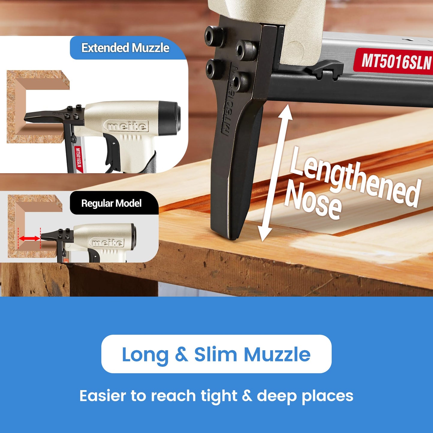 meite Upholstery Staple Gun with Extended Nose &Safety Trigger for 20 Gauge 1/2-Inch Crown Staples, Heavy-Duty Pneumatic Stapler for Woodworking and Decoration DIY Projects (Model MT5016SLN)